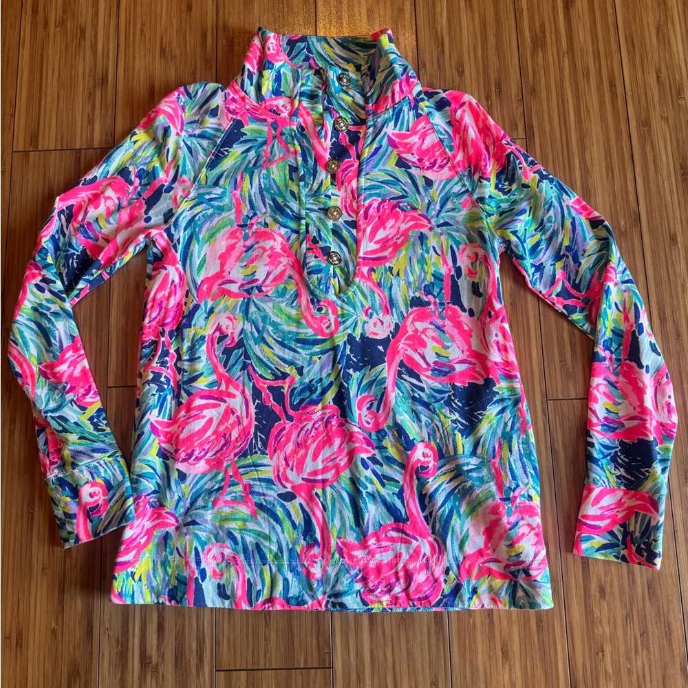 Lilly Pulitzer womens XS colorful Windsor Long Sleeve Flamingo Popover shirt